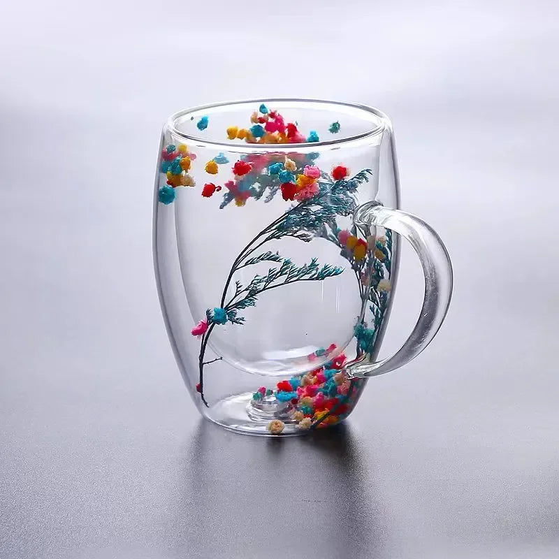 Dry Flowers Double Wall Glass Cup With Handle