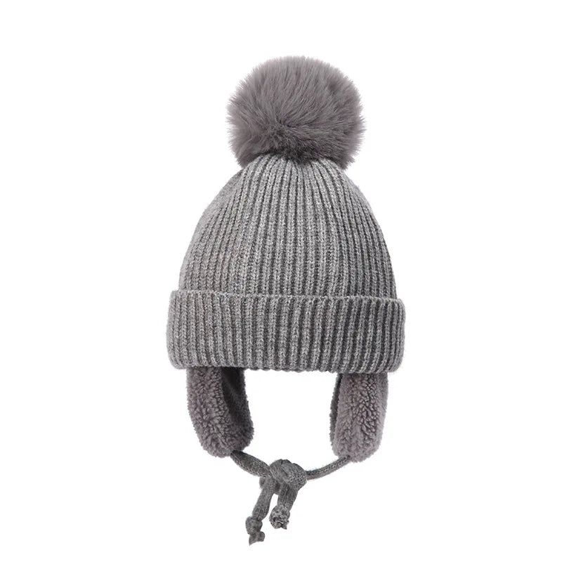 Winter Thick Baby Pompom Beanie Hat with Earflap