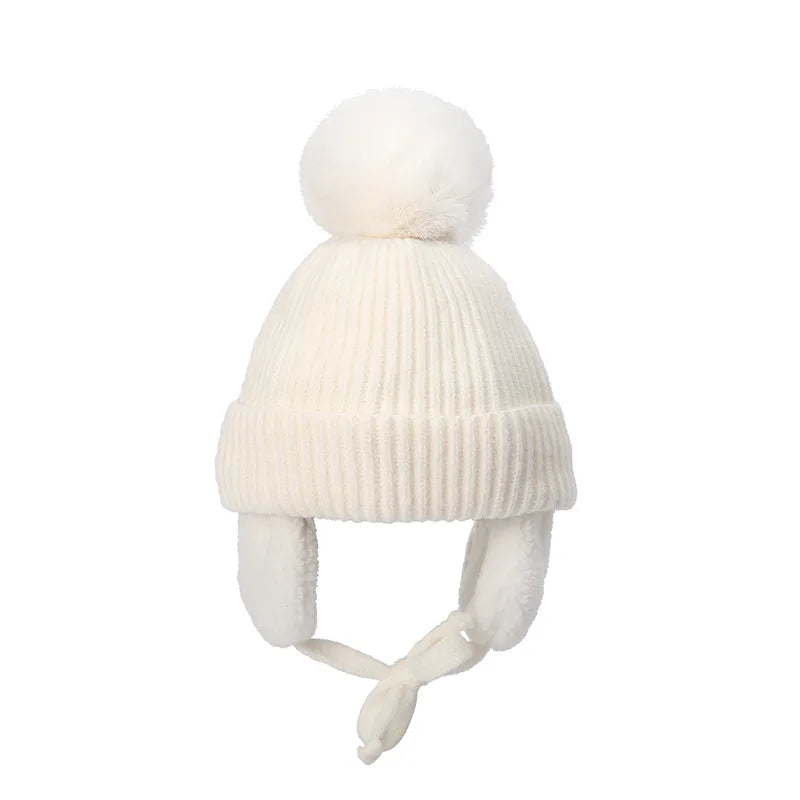 Winter Thick Baby Pompom Beanie Hat with Earflap