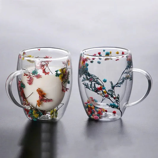 Dry Flowers Double Wall Glass Cup With Handle