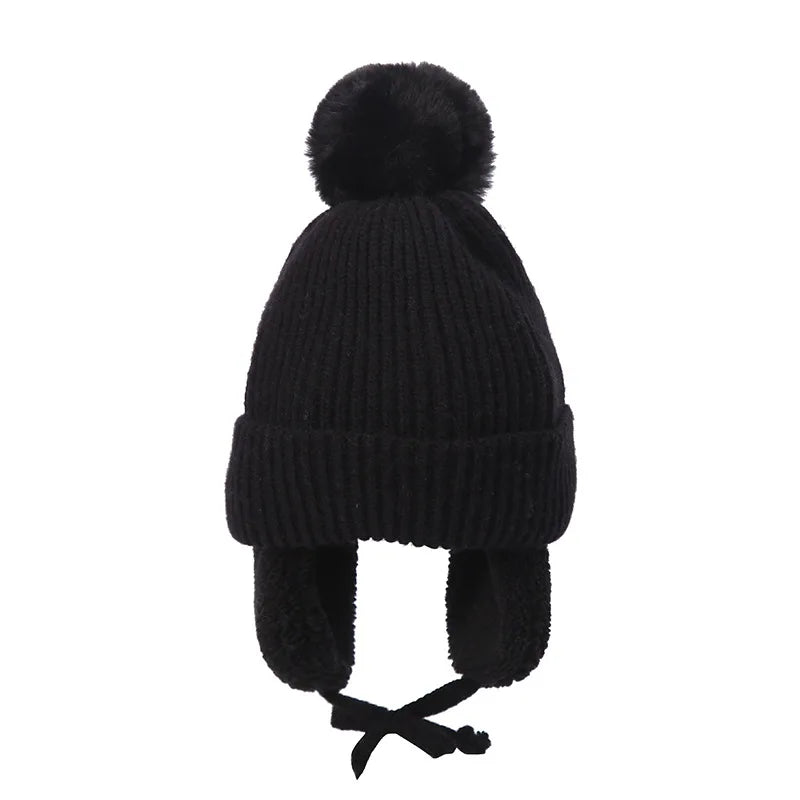 Winter Thick Baby Pompom Beanie Hat with Earflap