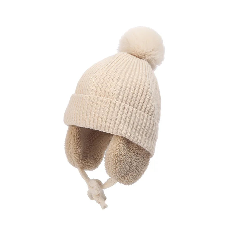 Winter Thick Baby Pompom Beanie Hat with Earflap