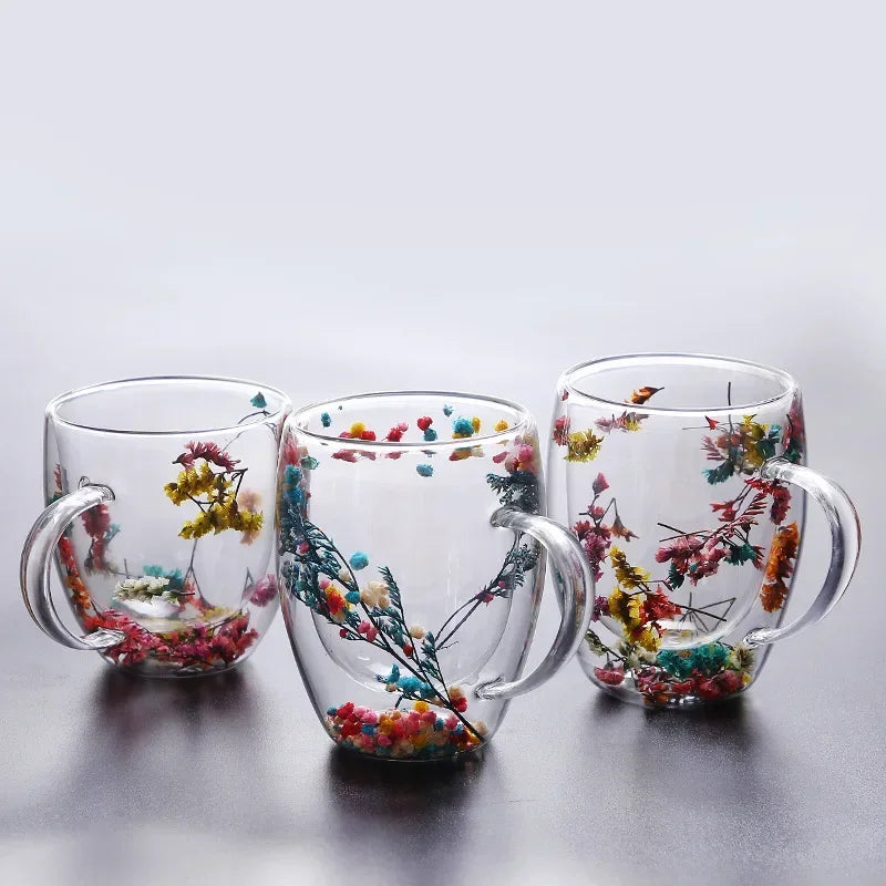 Dry Flowers Double Wall Glass Cup With Handle