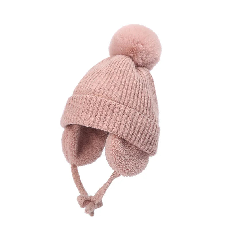 Winter Thick Baby Pompom Beanie Hat with Earflap