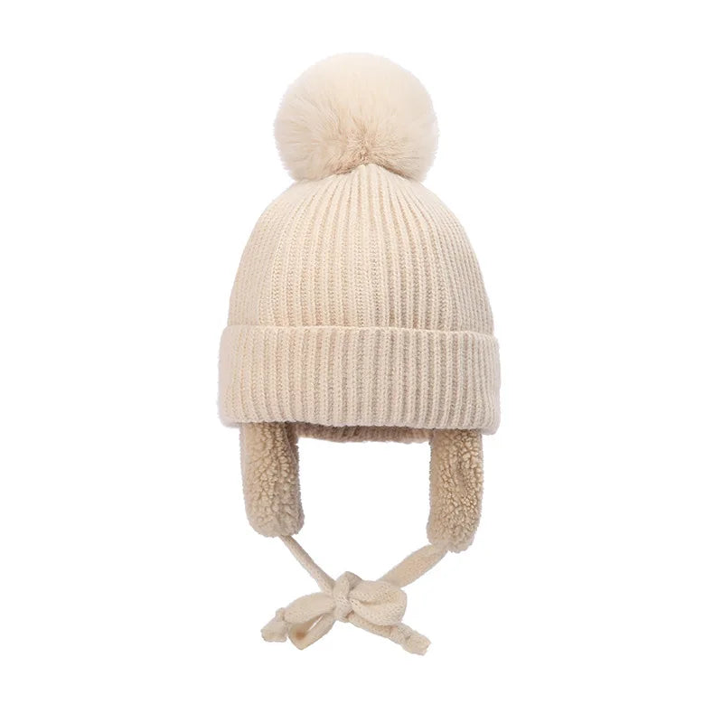 Winter Thick Baby Pompom Beanie Hat with Earflap