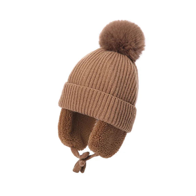 Winter Thick Baby Pompom Beanie Hat with Earflap