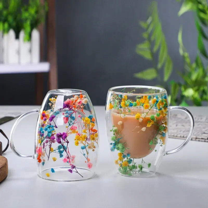 Dry Flowers Double Wall Glass Cup With Handle