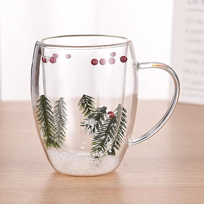 Dry Flowers Double Wall Glass Cup With Handle