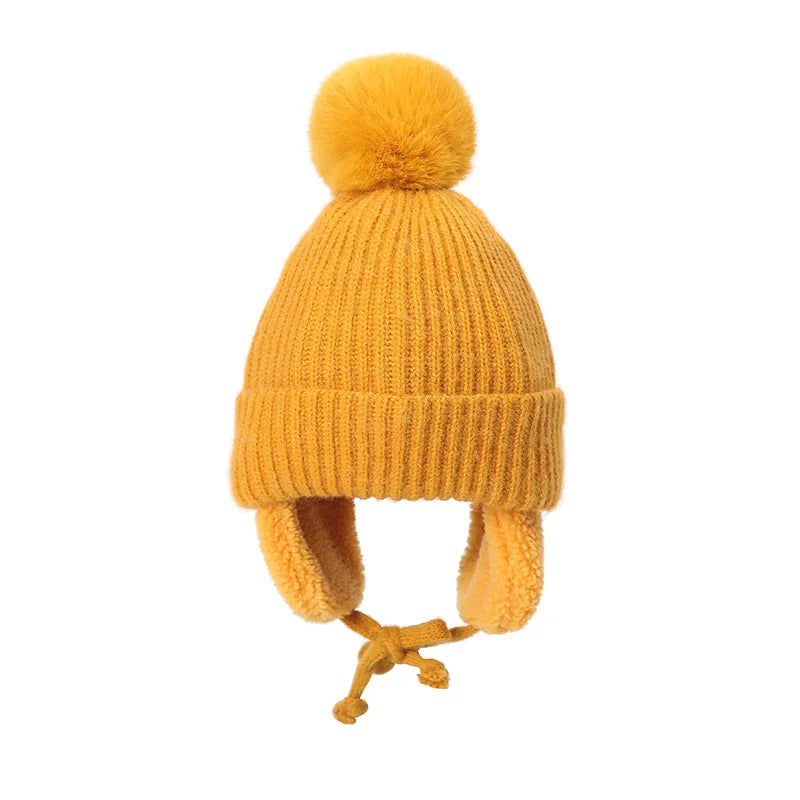 Winter Thick Baby Pompom Beanie Hat with Earflap