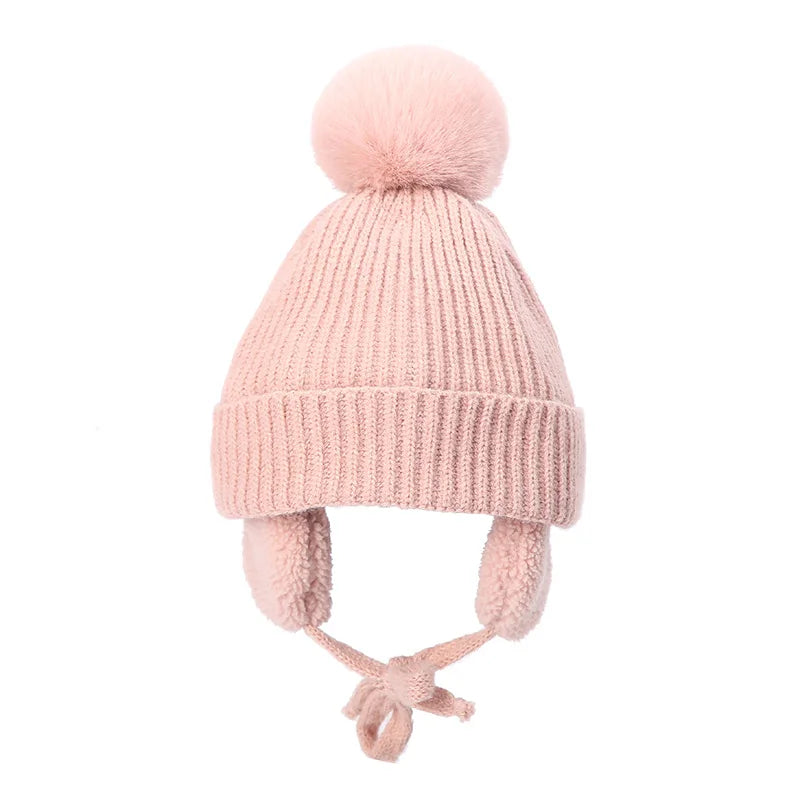 Winter Thick Baby Pompom Beanie Hat with Earflap