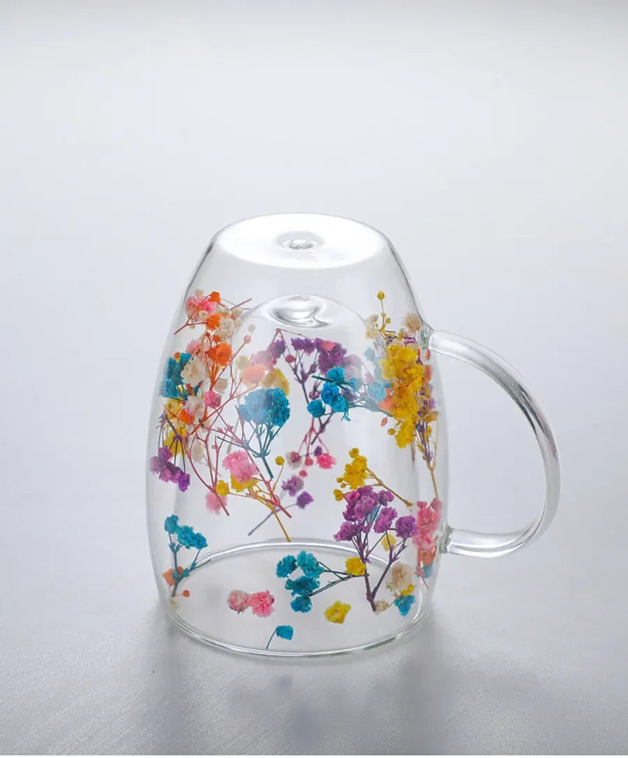 Dry Flowers Double Wall Glass Cup With Handle