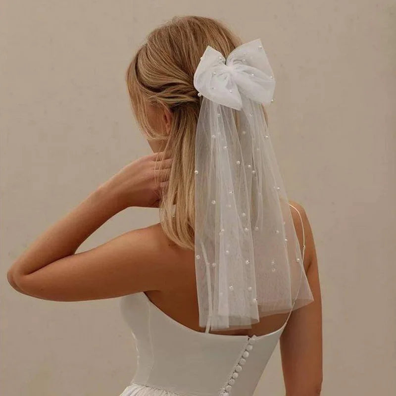 Long Ribbon Mesh Bow Pearl Bride Hair Clip