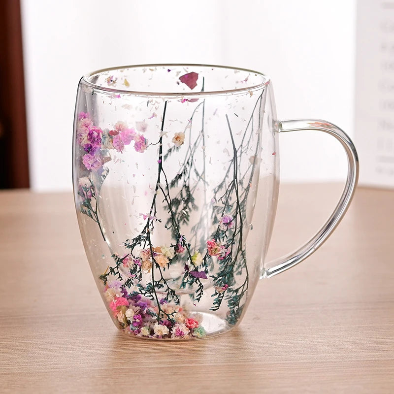 Dry Flowers Double Wall Glass Cup With Handle