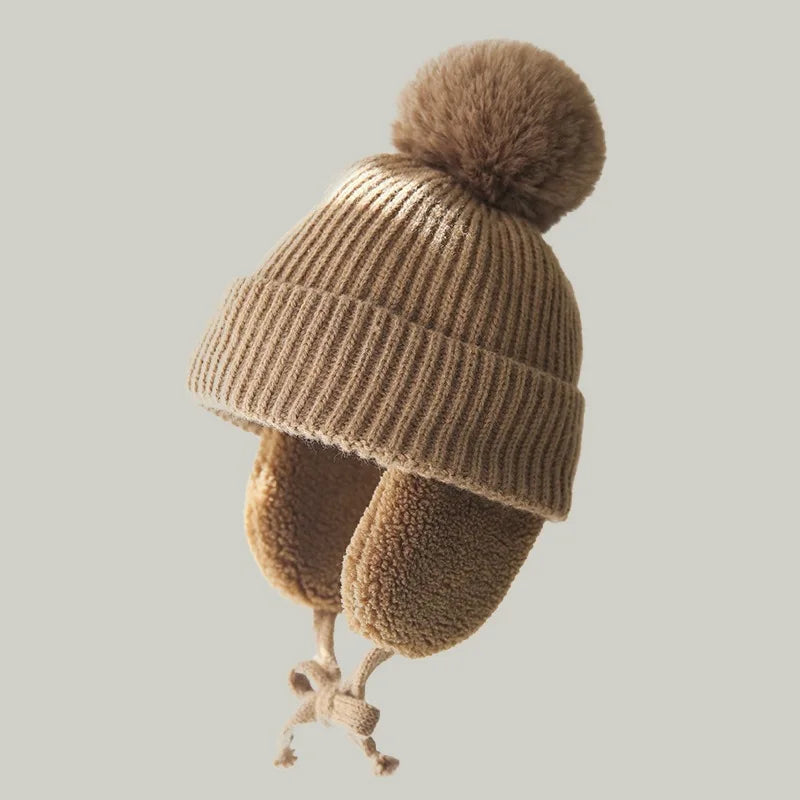 Winter Thick Baby Pompom Beanie Hat with Earflap