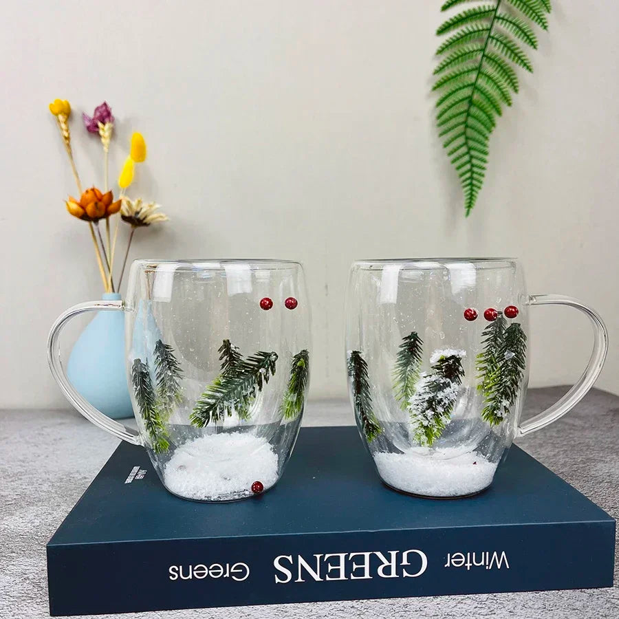 Dry Flowers Double Wall Glass Cup With Handle