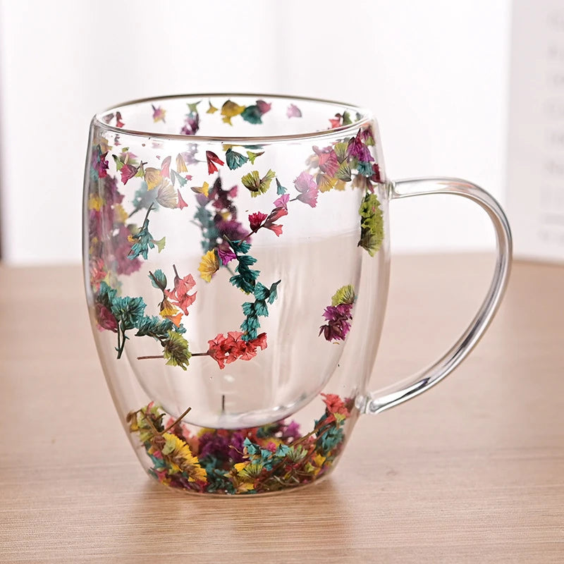 Dry Flowers Double Wall Glass Cup With Handle