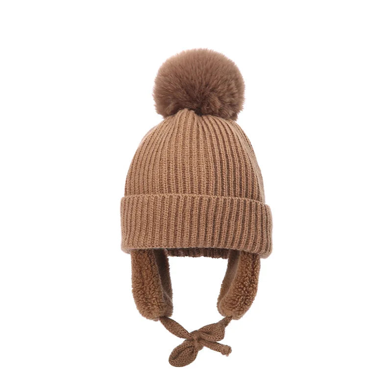 Winter Thick Baby Pompom Beanie Hat with Earflap