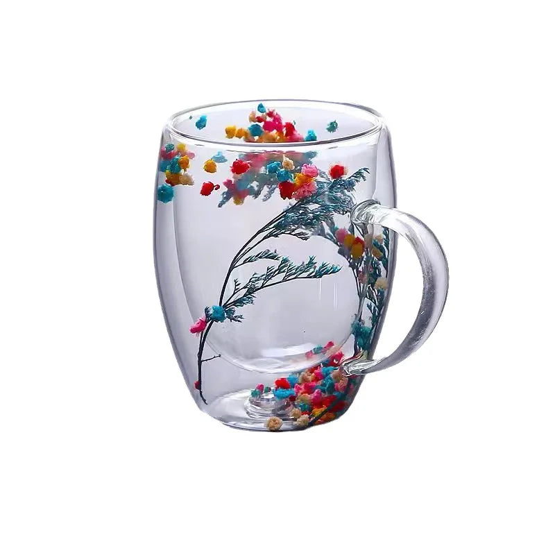 Dry Flowers Double Wall Glass Cup With Handle