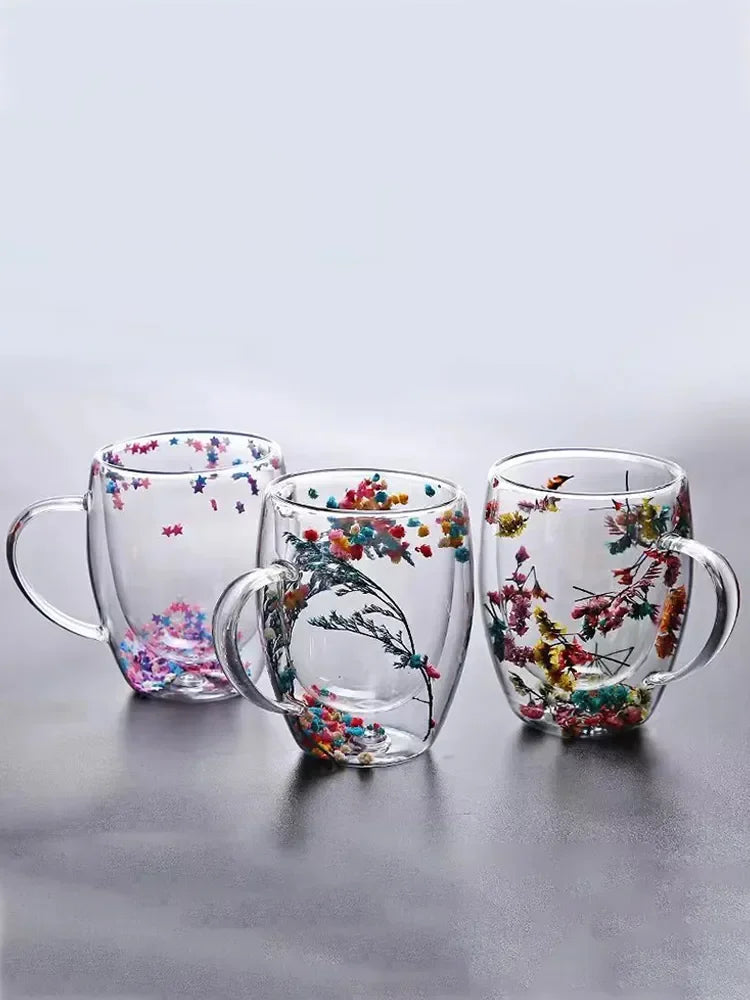 Dry Flowers Double Wall Glass Cup With Handle