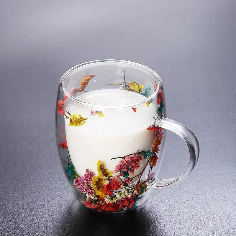 Dry Flowers Double Wall Glass Cup With Handle